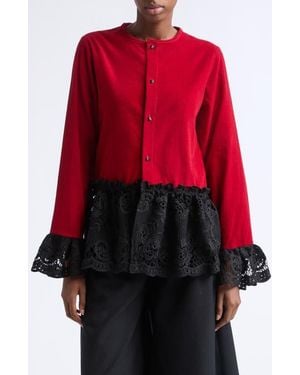 KÚR Ripple Corduroy Blouse With Lace Trim - Red