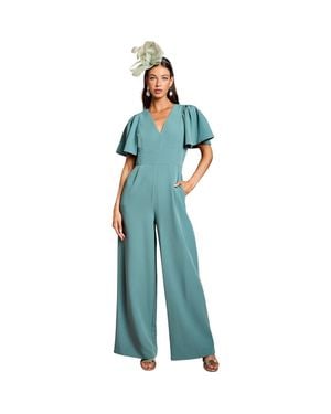 Coast Flutter Sleeve Plunge Jumpsuit - Blue