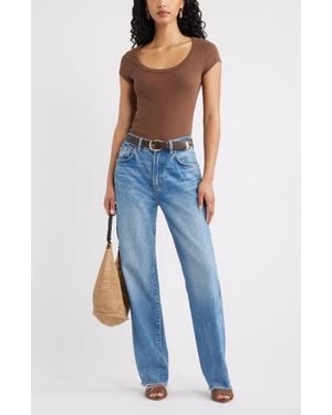 Open Edit Scoop Neck Stretch Cotton T-Shirt - Brown