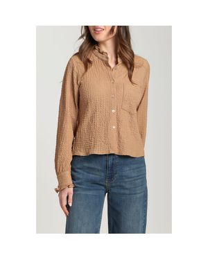 Apny Ruffle Long Sleeve Crop Button-Up Shirt - Blue