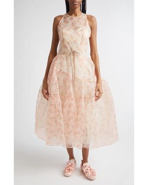 Simone Rocha Tapered Back Flounce Floral Sheer Organza Dress - Natural