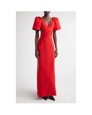 Carolina Herrera Bell Sleeve Crossover Faille & Crepe Gown - Red