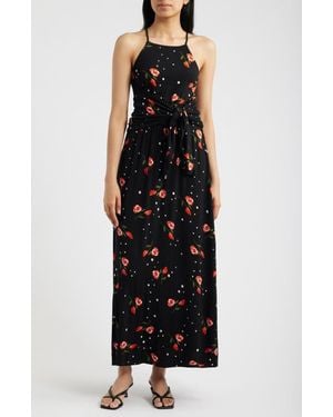Loveappella Floral Print Apron Maxi Dress - Black