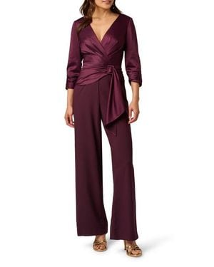 Adrianna Papell Belted Wide Leg Satin Crepe Jumpsuit - Red