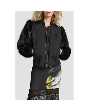 DKNY Crop Faux Fur Sleeve Bomber Jacket - Black