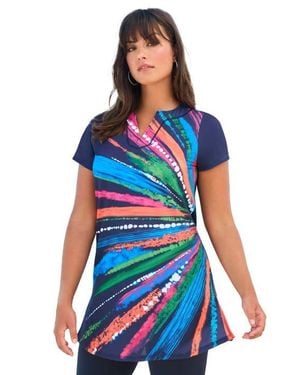 Swim 365 Longer-Length Notch-Neck Short-Sleeve Swim Tunic - Blue