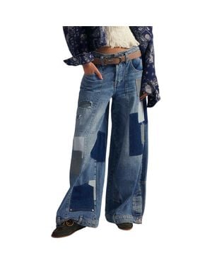 Free People Head Over Heels Patchwork Wide Leg Jeans - Blue