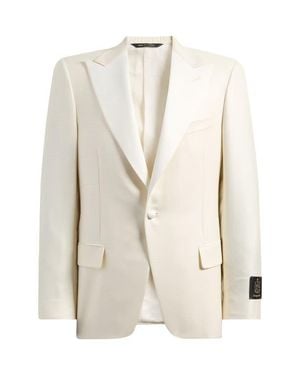 Heritage Gold Ivory Plaid Jacquard Wool & Silk Peak Lapel Dinner Jacket - Natural