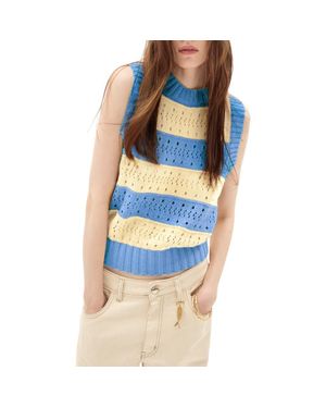 DELUC Nerja Stripe Pointelle Stitch Cotton Blend Sweater Vest - Blue
