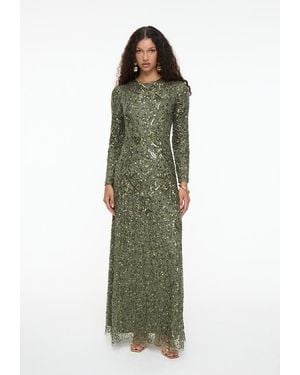 MARYISA Modest Embellished Sequin Beaded Maxi Dress - Green