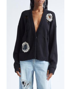 Area Distressed Crystal Cotton & Cashmere Cardigan - Black