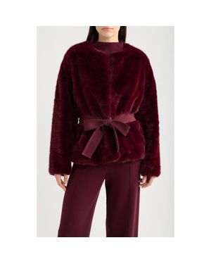 Tahari Tie Waist Faux Fur Jacket - Red