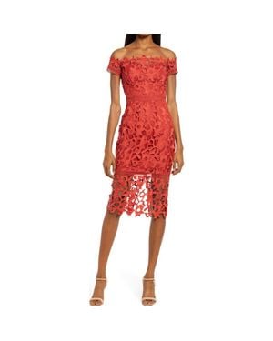 Chi Chi London Off The Shoulder Crochet Lace Body-Con Dress - Red