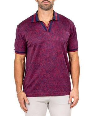 Maceoo Marthyr Grid Print Johnny Collar Cotton Polo - Purple