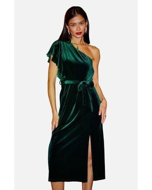 Yumi' Velvet Frill One Shoulder Midi Dress - Black