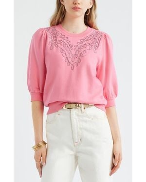 Treasure & Bond Embroidered Puff Sleeve Sweatshirt - Pink