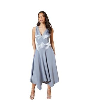 Oasis V-Neck Mesh Asymmetric Midi Dress - Blue