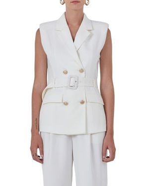Endless Rose Shoulder Pad Belted Sleeveless Double Breasted Blazer - White