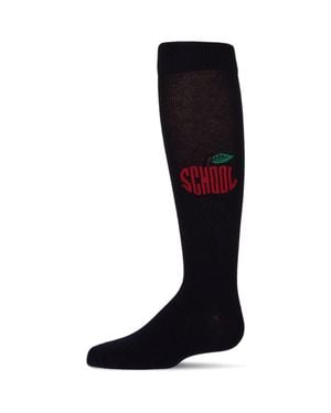 Memoi Ribbed School Apple Embroidered Knee Sock - Black