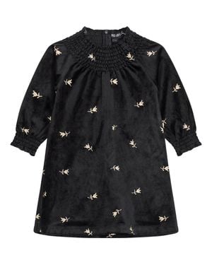 Space Grey Long Sleeve Embroidered Velour Ruffle Neck Dress - Black