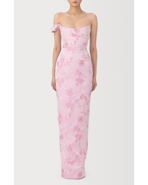SAU LEE Jackson Metallic Floral Brocade Cateye Strapless Gown - Pink