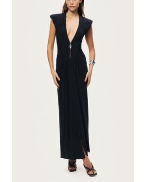Nocturne Ruched Deep V-Neck Maxi Dress - Black