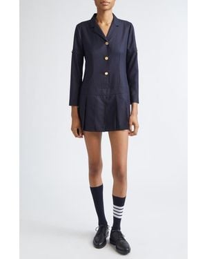Thom Browne Long Sleeve Pleated Wool Blazer Dress - Blue