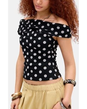 BDG Fia Off The Shoulder Polka Dot Mesh Top - Black