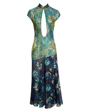 Kim Shui Butterfly Print Lace & Silk Chiffon Plunge Neck Dress - Green