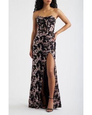 Emerald Sundae Embroidered Lace Corset Strapless Gown - Multicolor