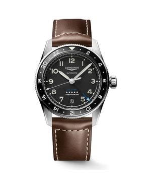Longines Spirit Zulu Time Gmt Automatic Leather Strap Watch, 39Mm - Black