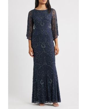 Pisarro Nights Beaded Three Quarter Sleeve Gown - Blue