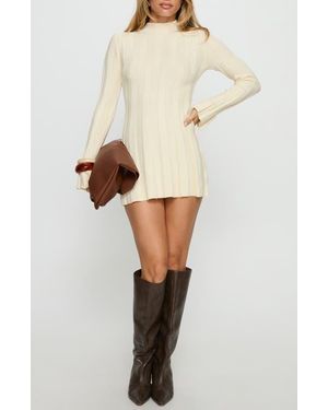 Princess Polly Carlee Mock Neck Long Sleeve Rib Sweater Minidress - Natural