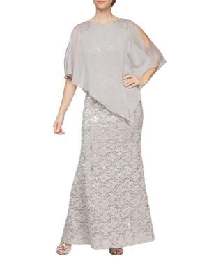 Sl Fashions Beaded Lace & Chiffon Capelet Gown - Gray