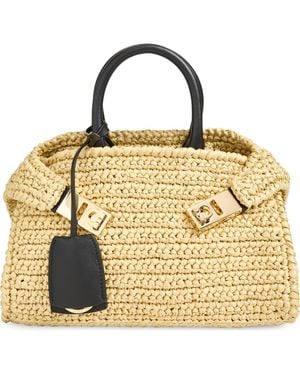 Ferragamo Mini Hug Crochet Raffia Top Handle Bag - Metallic