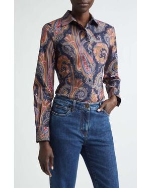 Etro Paisley Stretch Cotton Button-Up Shirt - Blue