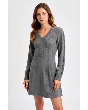 Modenaire Cable Knit V-Neck Long-Sleeve Sweater Dress - Gray