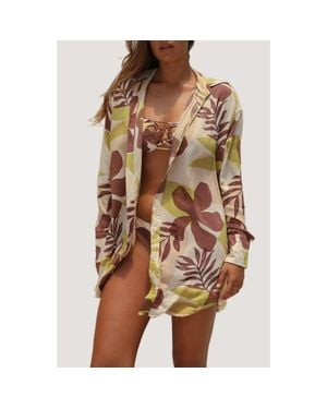 Stone Fox Print Long Sleeve Cover-Up Shirtdress - Brown