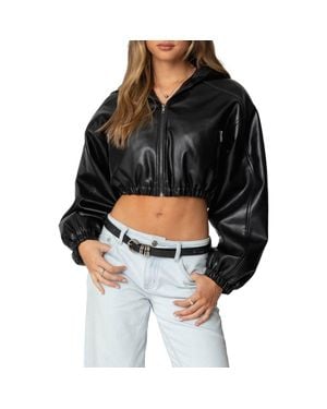 Edikted Crop Faux Leather Hooded Jacket - Black