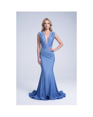 Jessica Angel Ruched Plunge Pleated Sleeveless Mermaid Gown - Blue