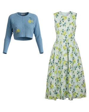 BLANC NOIR Embroidered Cotton Cardigan And Pleated Dress 2-Piece Set - Blue