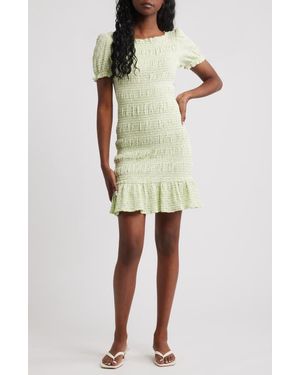 Next Shirred Gingham Stretch Cotton Blend Minidress - Green