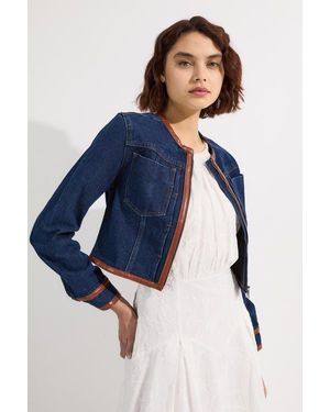 Karen Millen Denim & Leather Collarless Jacket - Blue