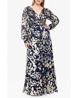 Betsy & Adam Long Sleeve Foil Print A-Line Gown - Blue