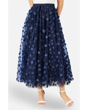Yumi' Mesh Floral Applique Midi Skirt - Blue
