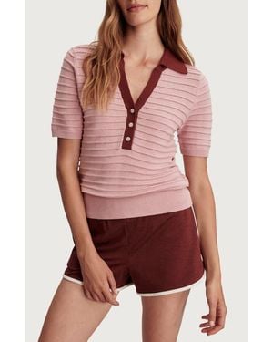 Varley Wren Stripe Cotton Blend Pointelle Polo Sweater - Red