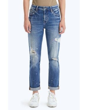 Bayeas Paint Splatter Ripped High Waist Mom Jeans - Blue
