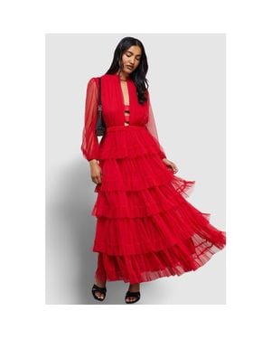 Warehouse Ruffle Neck Tulle Maxi Dress - Red