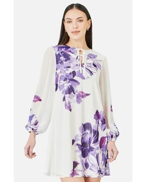Yumi' Keyhole Neck Floral Tunic Dress - Purple