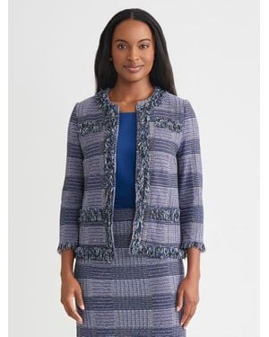 Misook Heritage Plaid Fringe Trim Knit Jacket - Blue